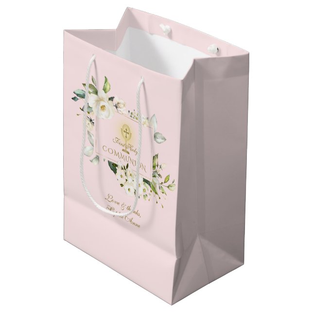 Luxury White Flowers Gold First Holy Communion Medium Gift Bag (Front Angled)