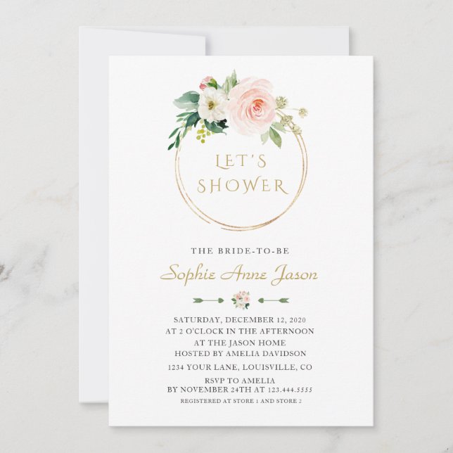 Luxury White Flowers Gold Frame Bridal Shower Invitation (Front)