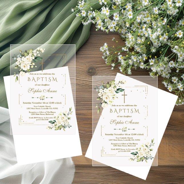 Luxury White Flowers Gold Glitter Frame Baptism Acrylic Invitations (Creator Uploaded)