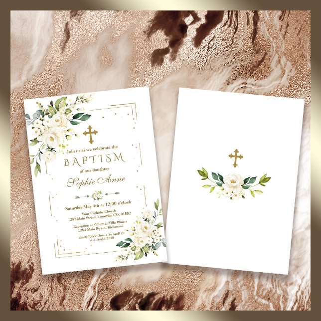 Luxury White Flowers Gold Glitter Frame Baptism Invitation (elegant trendy baptism white floral invitation)