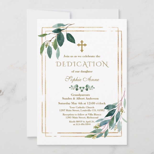 Luxury White Flowers Gold Glitter Frame Dedication Invitation (Front)