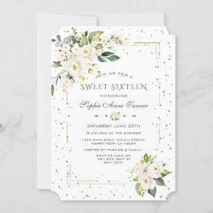 Luxury White Flowers Gold Glitter Sweet Sixteen Invitation