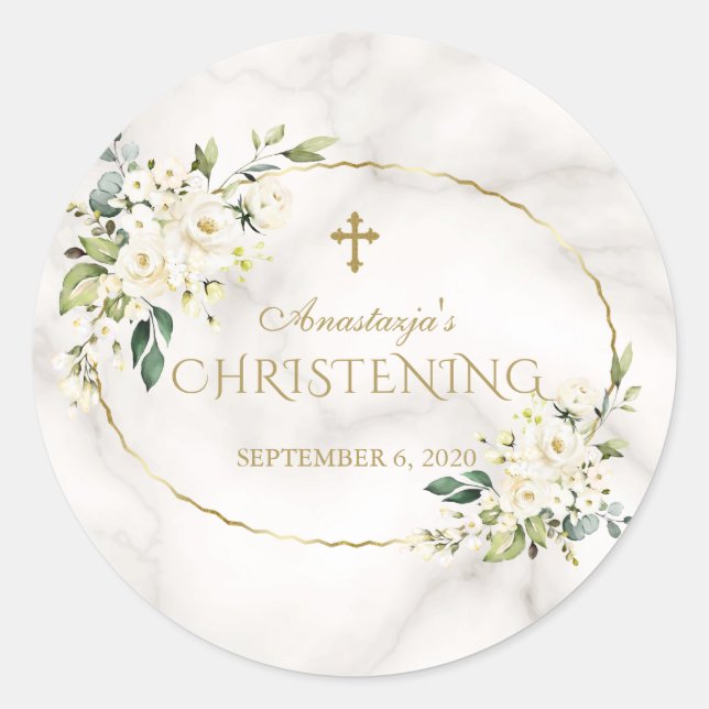 Luxury White Flowers Gold Marble Christening Classic Round Sticker (Front)