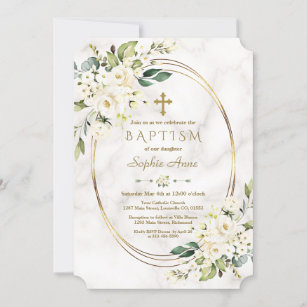 Luxury White Flowers Marble Gold Cross Baptism Invitation