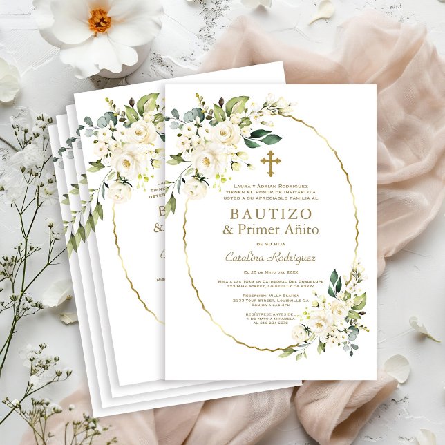Luxury White Flowers Spanish 1st Birthday Baptism Invitation (Creator Uploaded)
