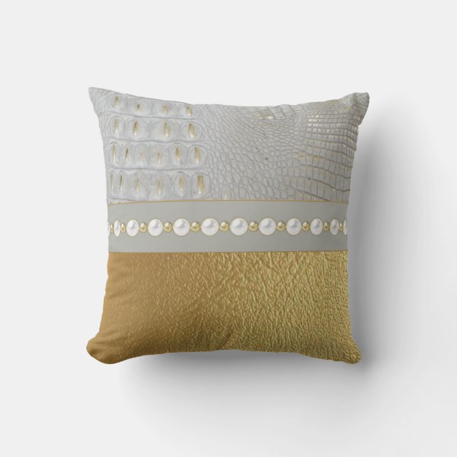 Luxury White Gold Alligator Hide and Pearls Cushion (Front)