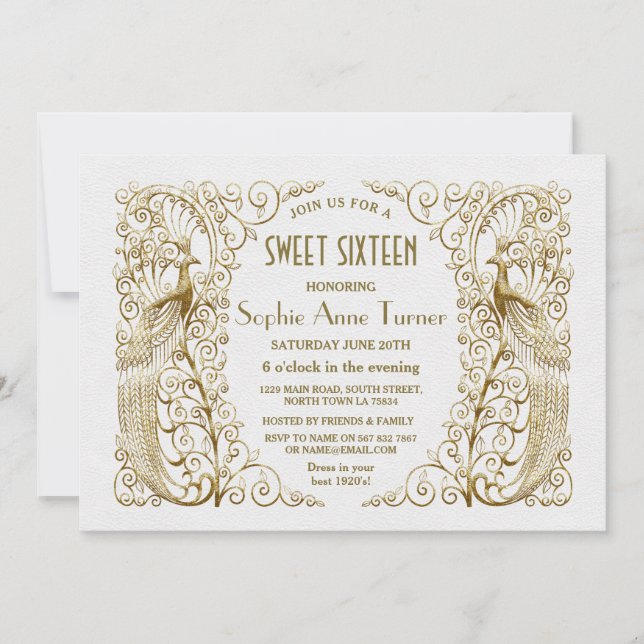 Luxury White Gold Art Deco Peacocks Sweet Sixteen Invitation (Front)