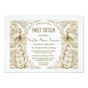Luxury White Gold Art Deco Peacocks Sweet Sixteen Invitation