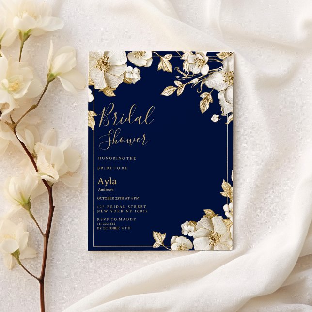 Luxury white gold floral navy blue Bridal Shower Invitation (Luxury white gold floral navy blue Bridal Shower)