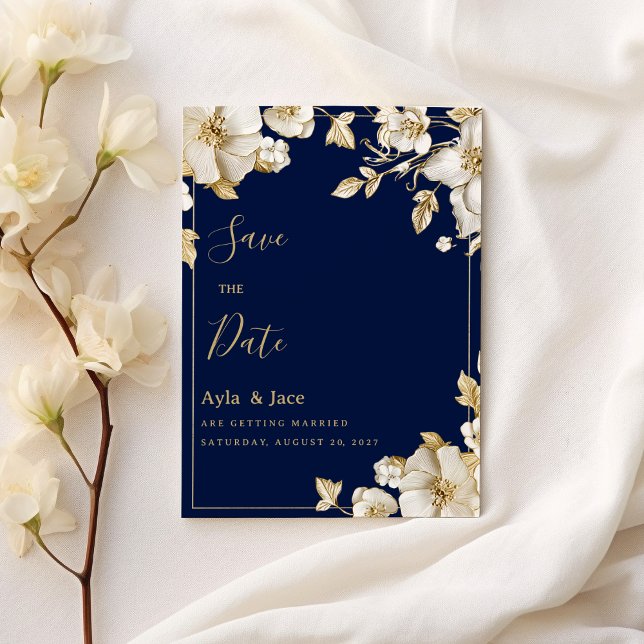 Luxury white gold floral navy blue Save the Date Invitation (Luxury white gold floral navy blue Save the Date)