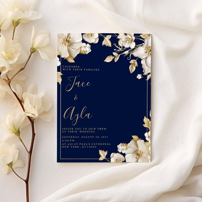 Luxury white gold floral navy blue Wedding Invitation (Luxury white gold floral navy blue Wedding )