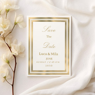 Luxury white gold geometric frame Save the Date Invitation