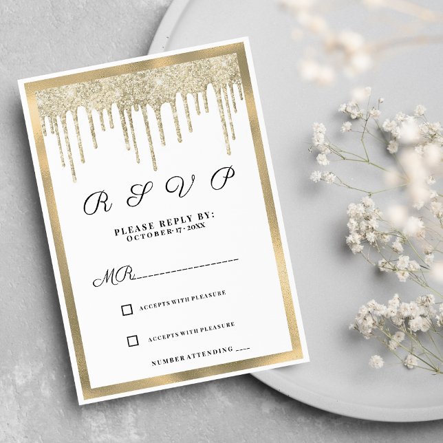 Luxury white gold glitter drips RSVP Invitation (Luxury white gold glitter drips RSVP )