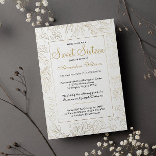 Luxury white gold glitter foliage floral Sweet 16  Invitation