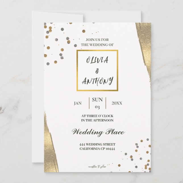 Luxury White gold glitter wedding invitation (Front)