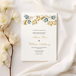 Luxury white gold grayish cyan foliage Wedding Invitation