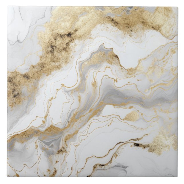 Luxury White Gold Marble And Alcohol Ink Abstract Ceramic Tile (Front)