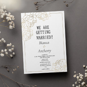 Luxury white gold typography peony floral wedding invitation