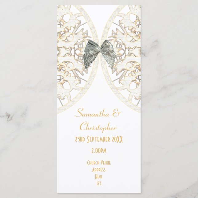 Luxury white lace damask church wedding program (Front)