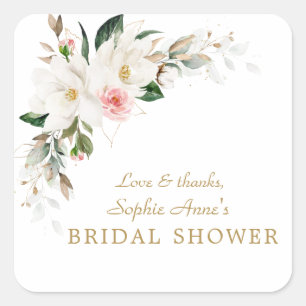 Luxury White Magnolia Pink Floral Bridal Shower Square Sticker