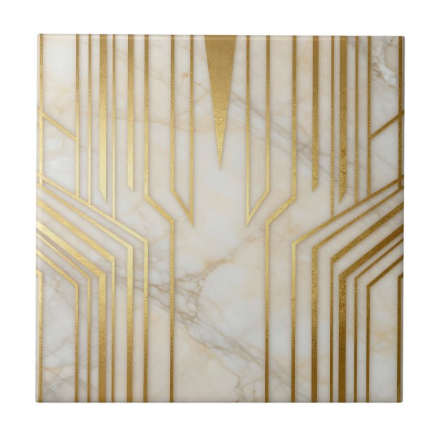 Luxury White Marble Gold Geometric Pattern Ceramic Tile (Front)
