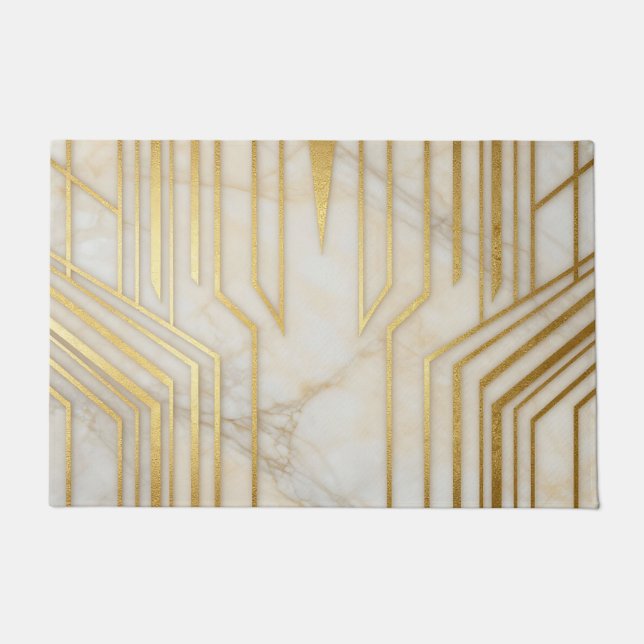 Luxury White Marble Gold Geometric Pattern Doormat (Front)