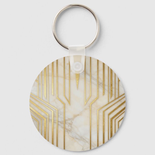 Luxury White Marble Gold Geometric Pattern Key Ring (Front)