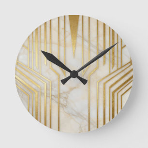 Luxury White Marble Gold Geometric Pattern Round Clock