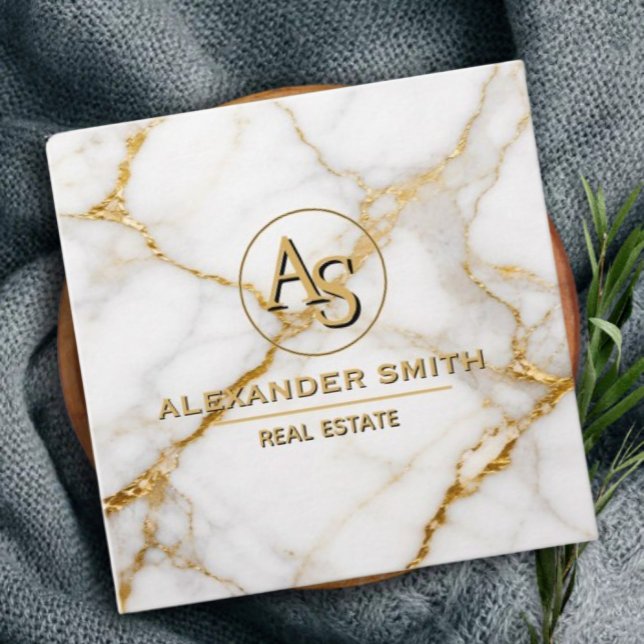 Luxury White Marble Gold Monogram Real Estate  Appointment Card (Creator Uploaded)