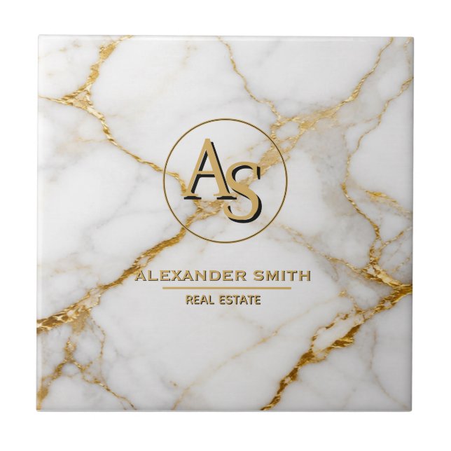 Luxury White Marble Gold Monogram Real Estate  Ceramic Tile (Front)