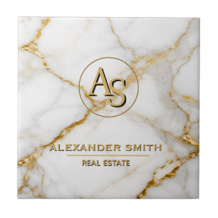 Luxury White Marble Gold Monogram Real Estate Ceramic Tile