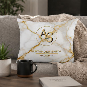 Luxury White Marble Gold Monogram Real Estate  Decorative Cushion