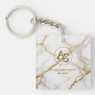 Luxury White Marble Gold Monogram Real Estate  Key Ring