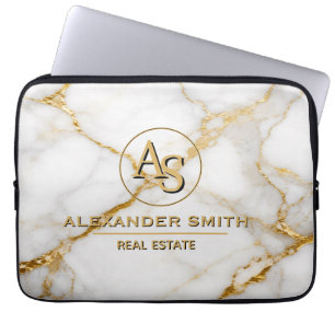 Luxury White Marble Gold Monogram Real Estate  Laptop Sleeve