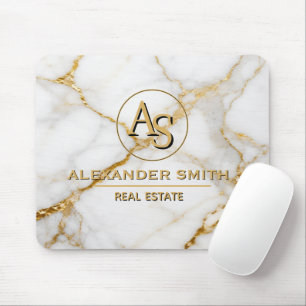 Luxury White Marble Gold Monogram Real Estate Mouse Pad