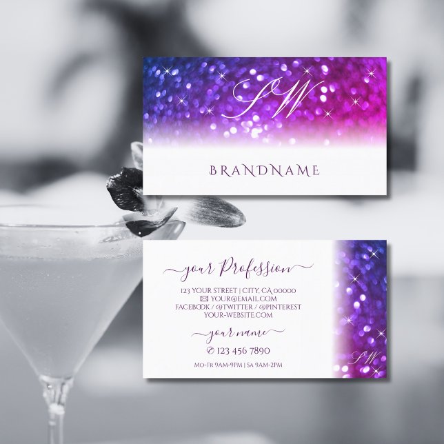 Luxury White Pink Purple Sparkle Glitter Initials Business Card (Creator Uploaded)