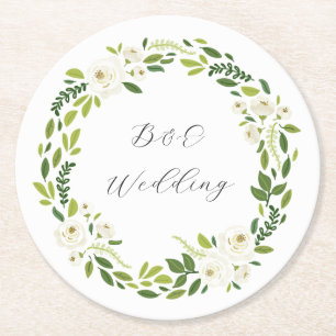 Luxury White Rose Floral Frame Round Paper Coaster