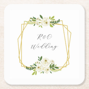 Luxury White Rose Floral Frame Square Paper Coaster