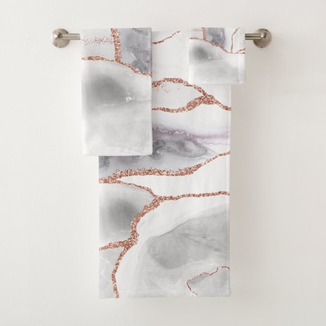 Luxury White Rose Gold Agate Geode Glitter Bath Towel Set (Insitu)