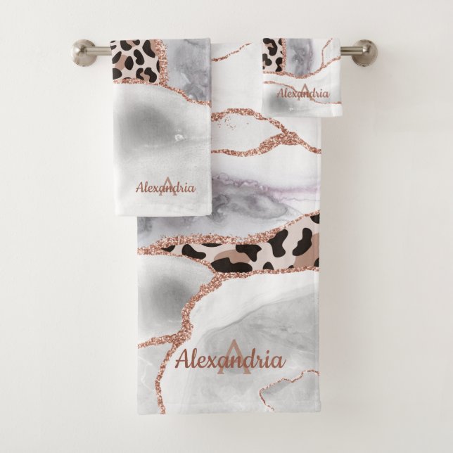 Luxury White Rose Gold Agate Leopard Print Bath Towel Set (Insitu)