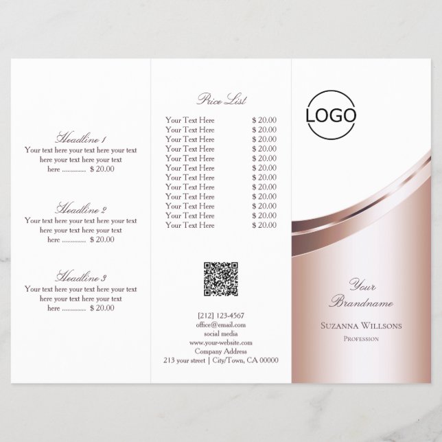 Luxury White Rose Gold Decor Logo QR Code Tri Fold Flyer (Front)