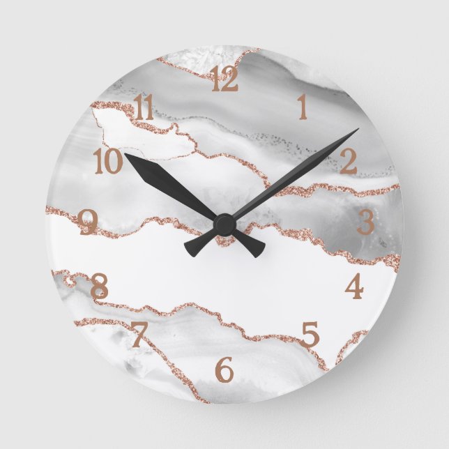 Luxury White Rose Gold Glitter Agate  Round Clock (Front)