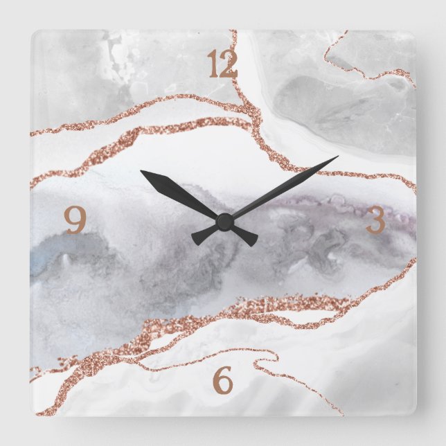 Luxury White Rose Gold Glitter Agate  Square Wall Clock (Front)