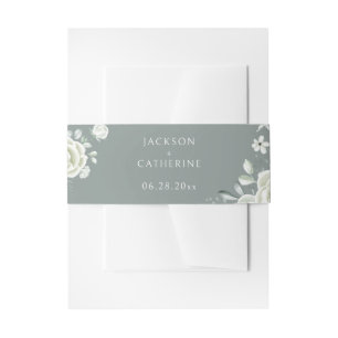 Luxury White Rose Sage Green Wedding  Invitation Belly Band