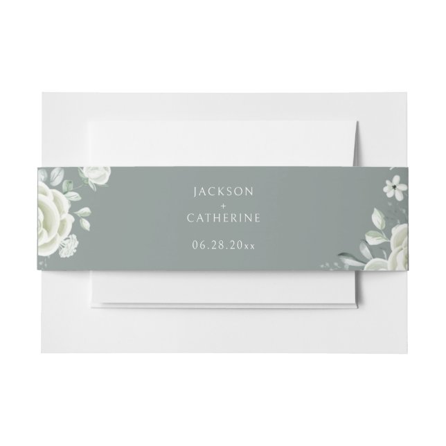 Luxury White Rose Sage Green Wedding  Invitation Belly Band (Front Example)