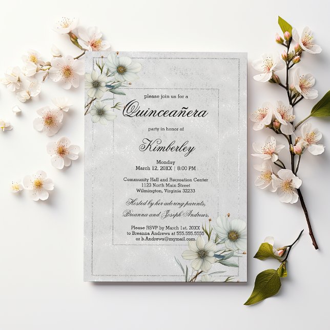 Luxury white silver glitter floral Quinceañera Invitation (Luxury white silver glitter floral Quinceañera)