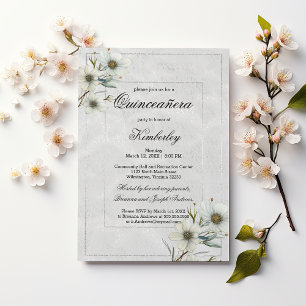 Luxury white silver glitter floral Quinceañera Invitation