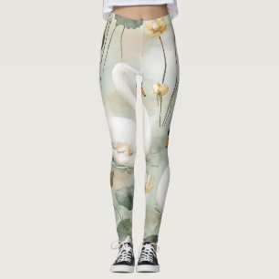 Luxury White Swan and Water Lily Watercolor Art L Leggings