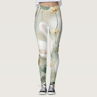 Luxury White Swan and Water Lily Watercolor Art L Leggings