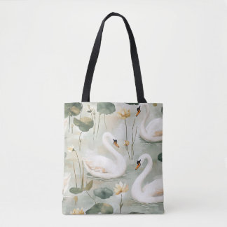Luxury White Swan and Water Lily Watercolor Canvas Tote Bag